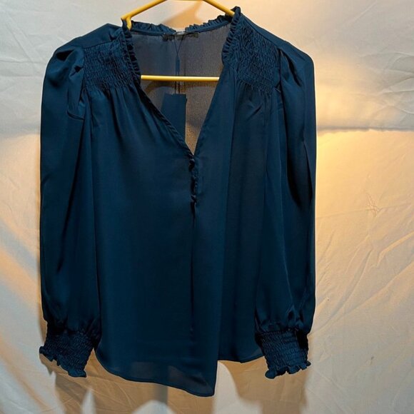 Tahari ASL Smocked Cuff Split Neck Long Sleeve Chiffon Blouse Dark Teal S - Picture 10 of 10